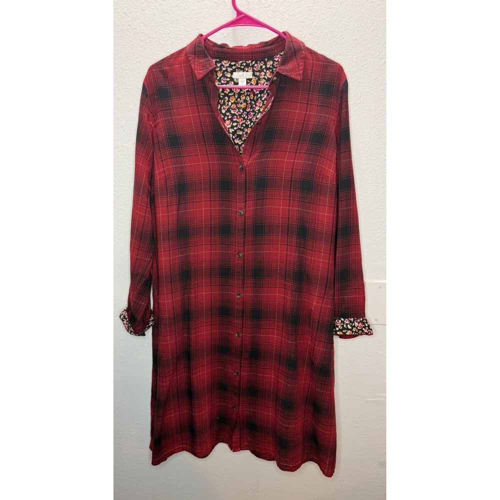 J.Jill Shirt Dress Women Medium Red Black‎ Plaid Floral Trim Cotton